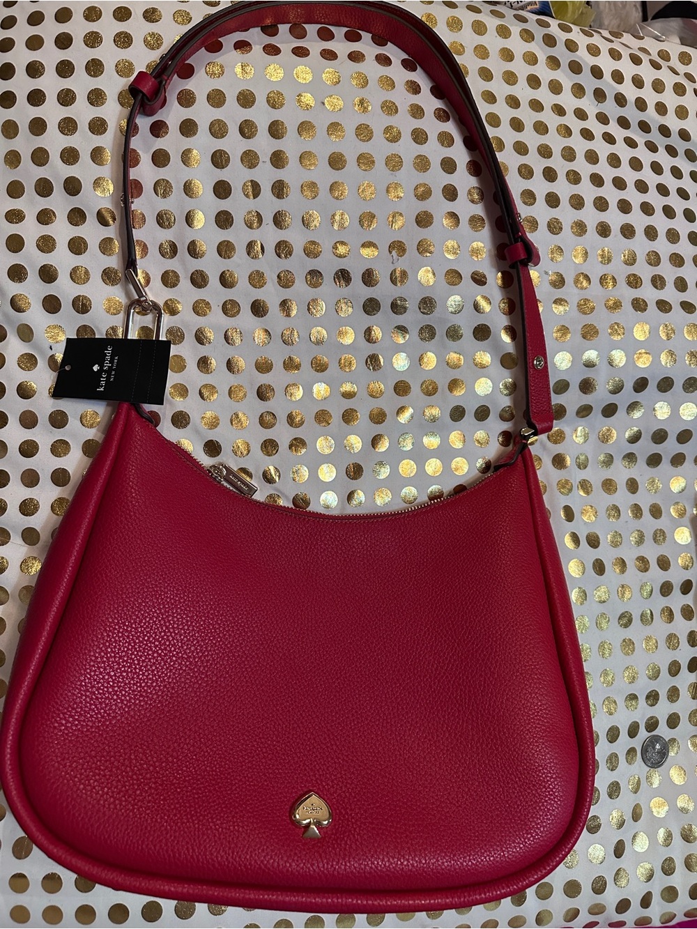 kate spade Red Pebbled Leather Shoulder Hobo with Gold Spade Accent